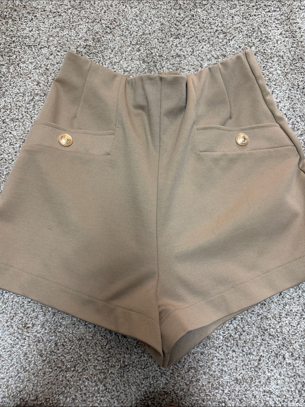 H&M High-Waist Tan Shorts with Gold Button Accents